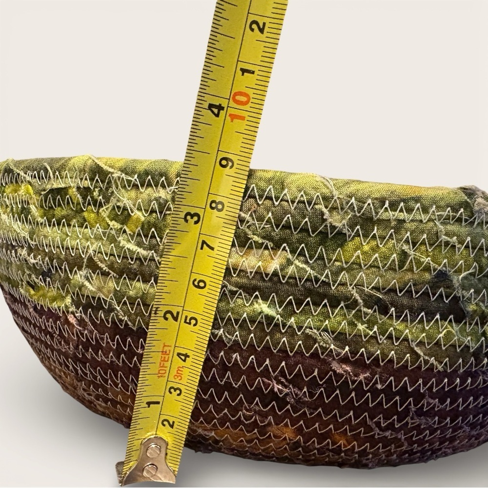Fabric Wrapped Rope Basket Green And Brown 10” Handmade Earthy Boho Storage Tray - Picture 4 of 9